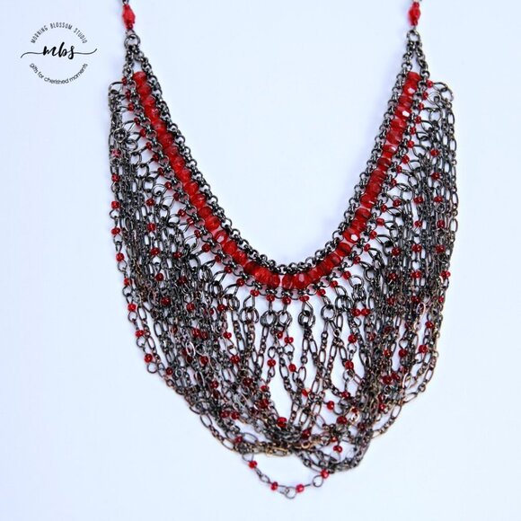 Vintage Red Black Beaded Multi Strand Draped Ovelapping Choker Necklace - Picture 3 of 5